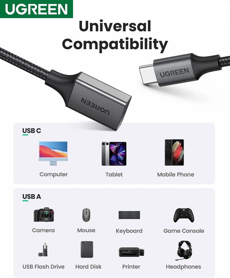 Ugreen 15305 USB-C Nam sang USB-A 3.0 Nữ (Đen) cao cấp.